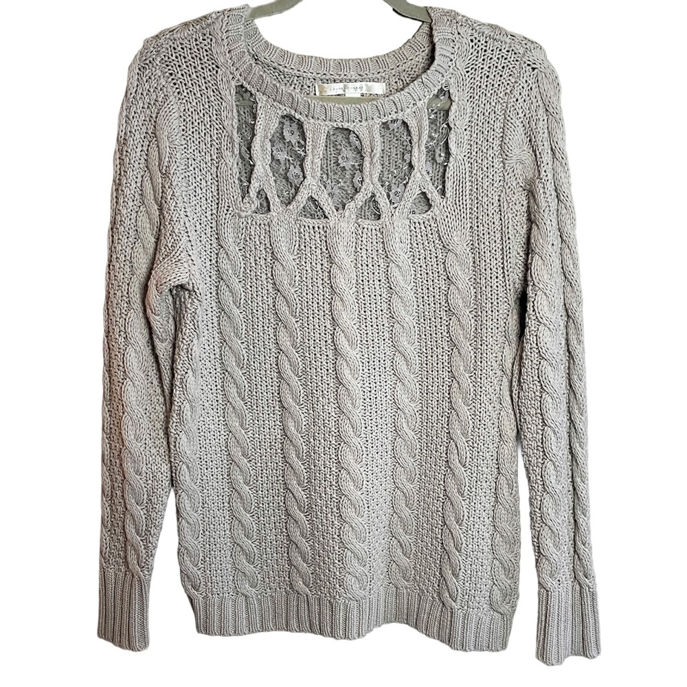 Cable Knit and Lace Sweater Cotton Blend gray Y2K Cottage core